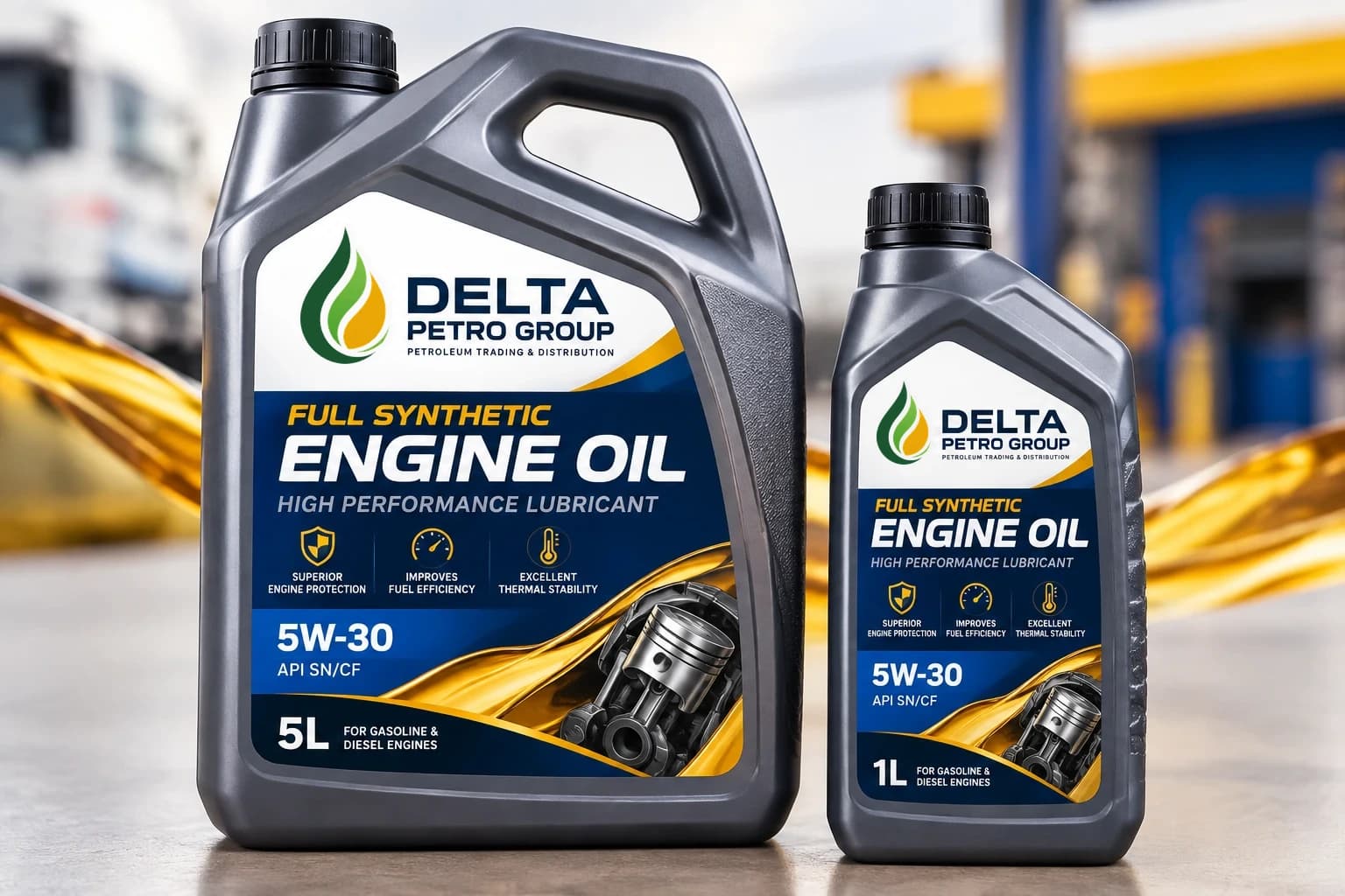 Delta Petro Group full synthetic engine oil in a 5 litre and a 1 litre bottle.