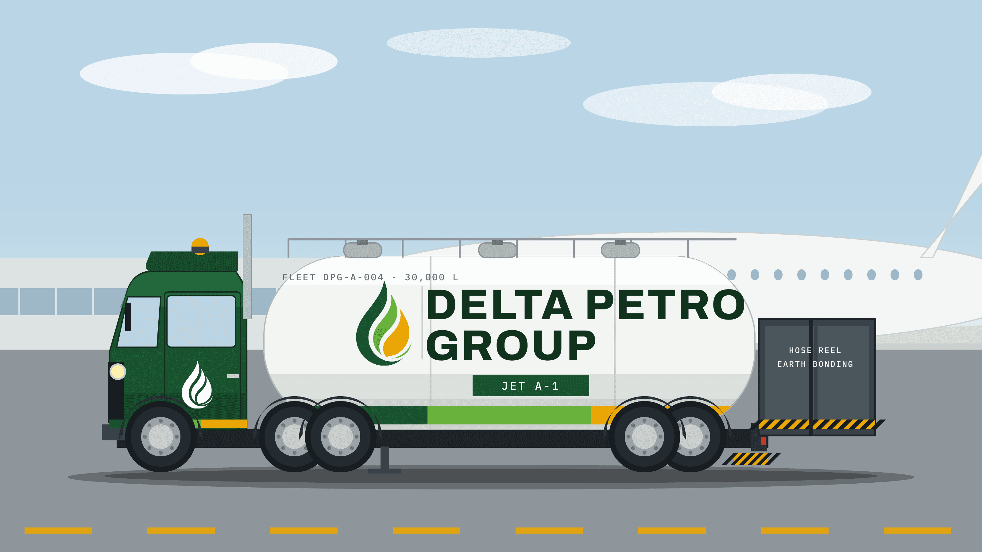 A Delta Petro Group Jet A-1 refuelling truck beside an aircraft.