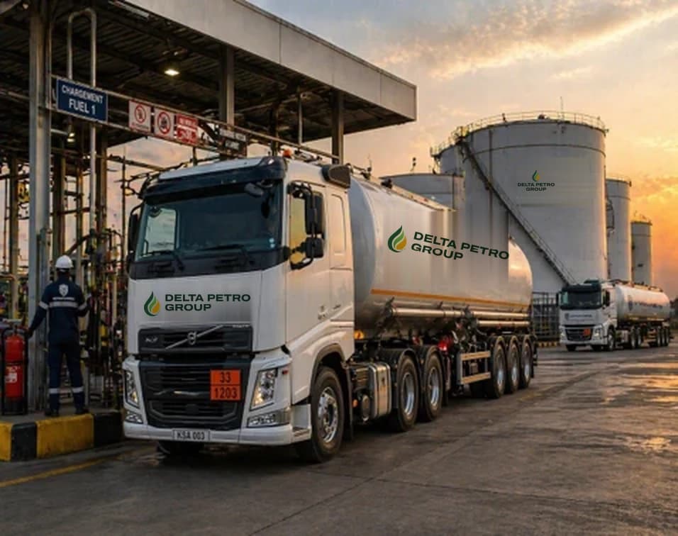 A Delta Petro Group tanker truck at a loading bay, with storage tanks behind it at sunset.