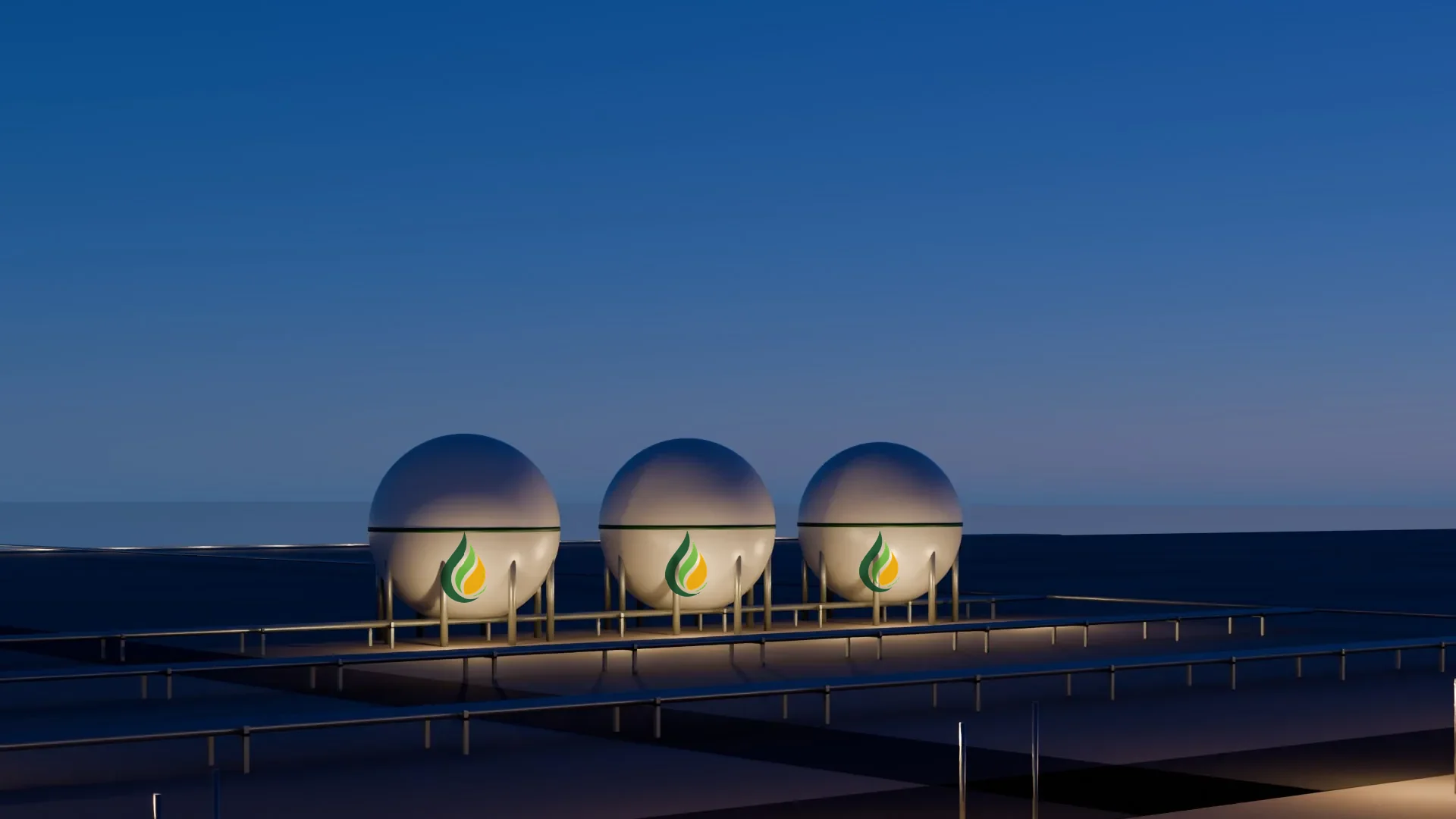 Three LPG spheres lit at blue hour.